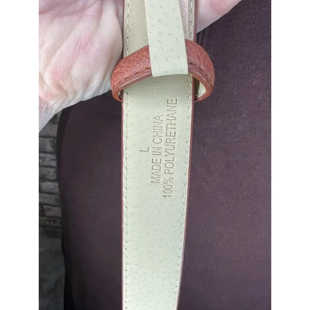 belt  vegan leather tan interlocking circles buckle gold